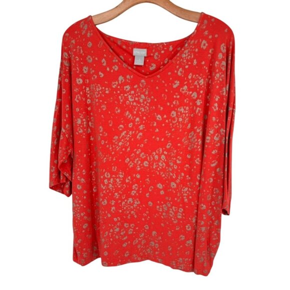 Chicos 3 Womens orange V-Neck Top knit gold animal print Size XL - Picture 1 of 12